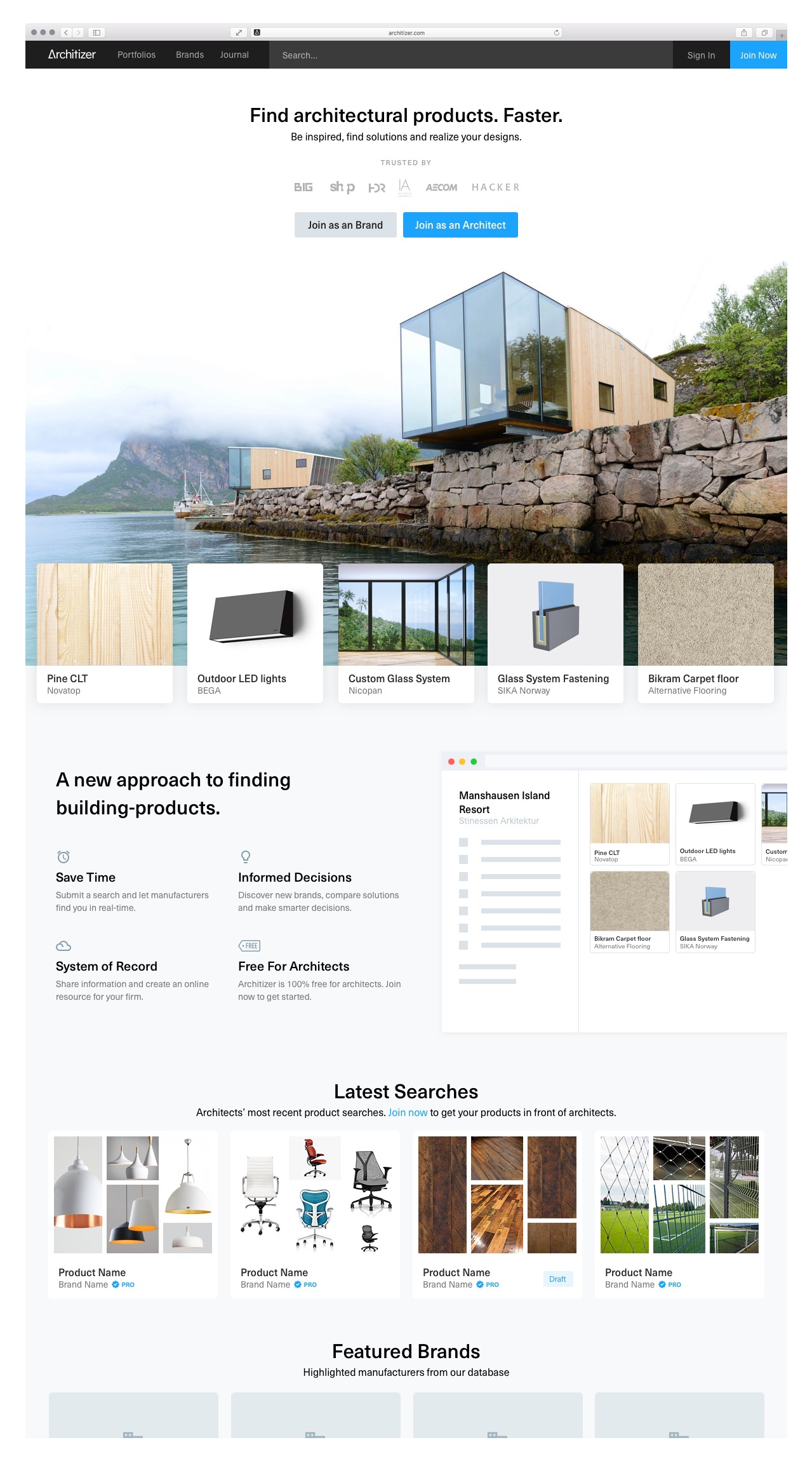 A mock-up of Architizer's homepage